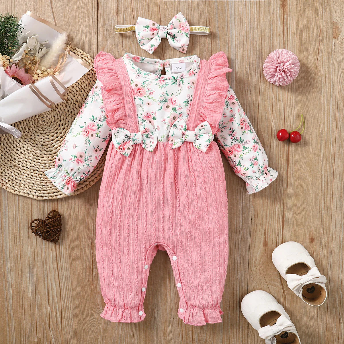 0-18 Ay Yenidoğan Bebek Kız Tulum Sevimli Çiçekli Uzun Kollu Fiyonklu Bodysuit+Kafa Bandı Bebek Kız İlkbahar&amp;Sonbahar Tulum