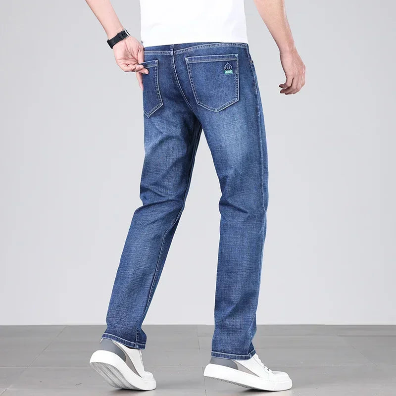 Men's Ultra-thin Stretch Casual Jeans New for Summer Business Fashion Straight Baggy Denim Trousers Blue Classic Style Male