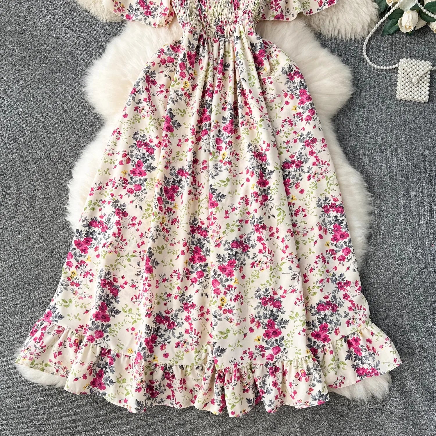 YuooMuoo Vacation Fashion Flower Print Chiffon Summer Dress Sexy Off Shoulders Elastic Waist Big Swing Long Dress Beach Vestidos