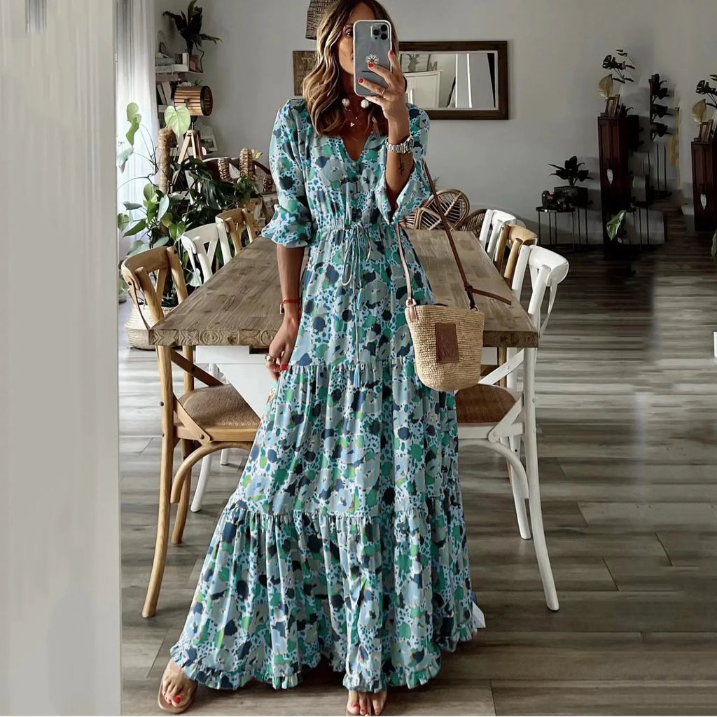 Women's Clothing Temperament Vacation Sexy V-neck Fashionable Printed Lace Up Seven Quarter Sleeve Large Swing Long Dress