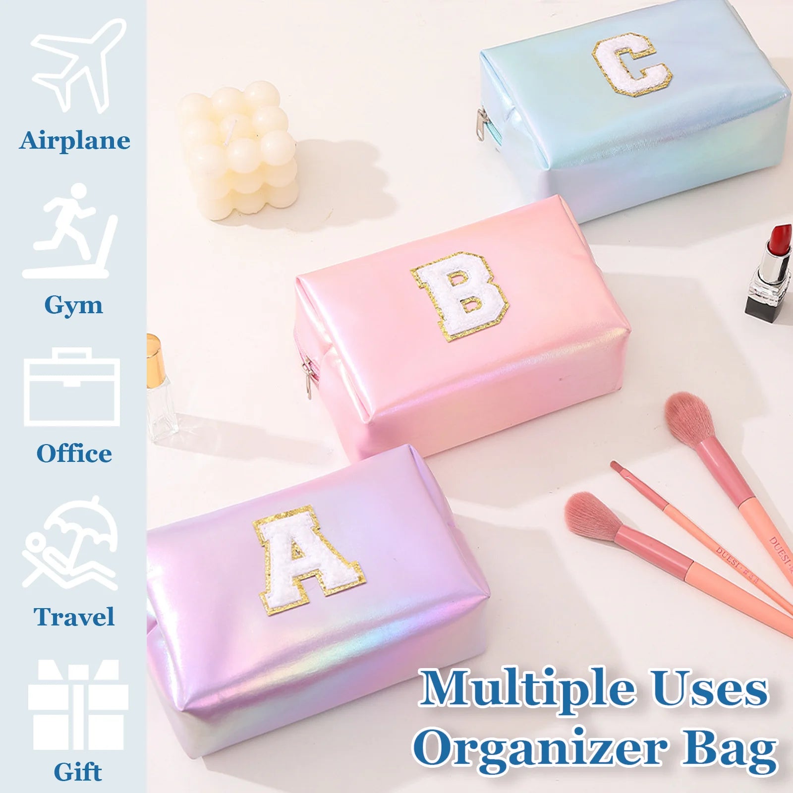 Personalized Initial Makeup Bag,Letter Zipper Cosmetic Bag for Womens,Preppy Makeup Bags,Makeup Pouch, Travel Makeup Bags
