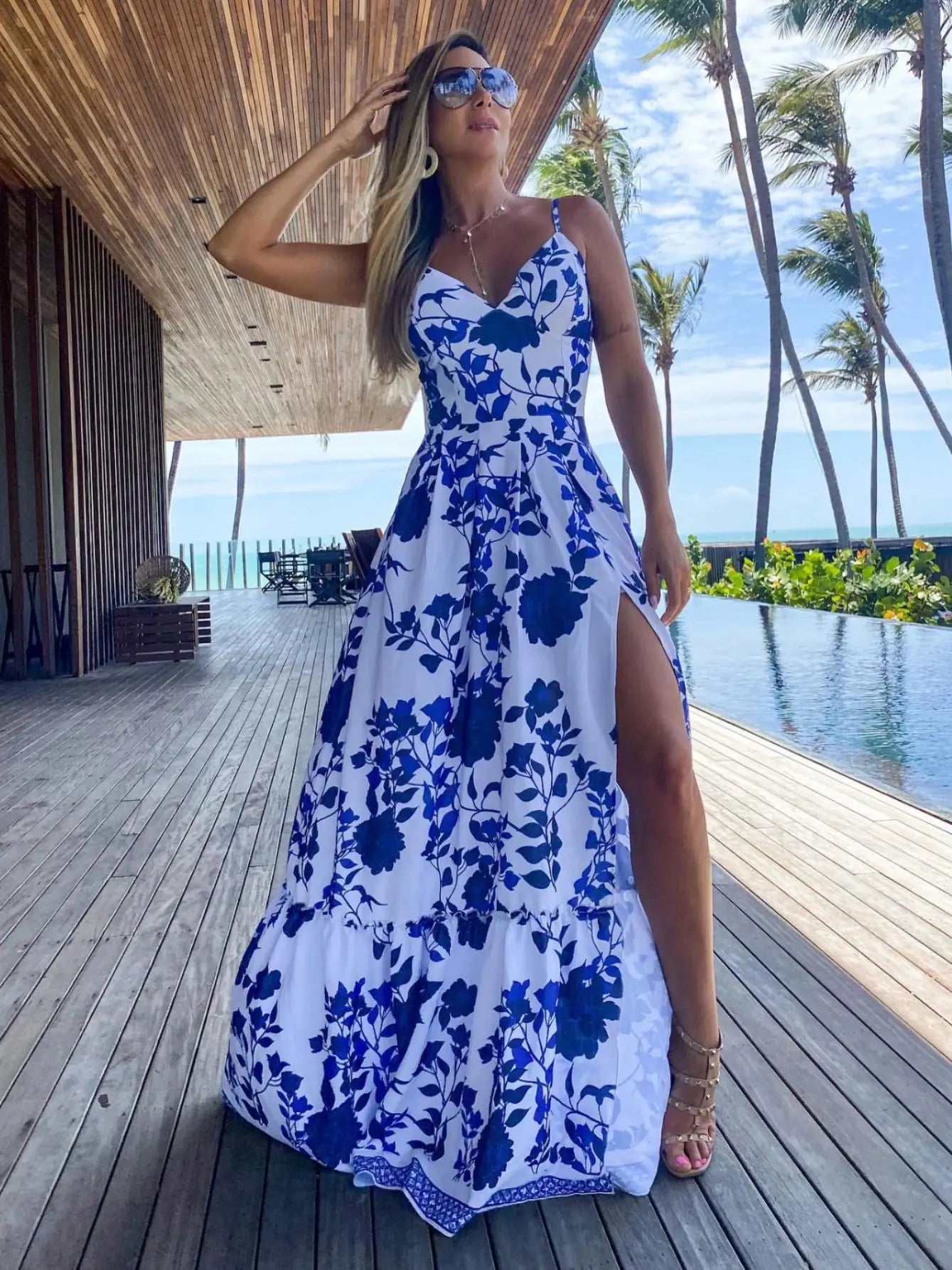 2024 Summer Print Long Dress Women Clothing Lace Up Sling Party Dresses Pattern Strappy Ladies Hollow Out V-Neck Beach Vestidos