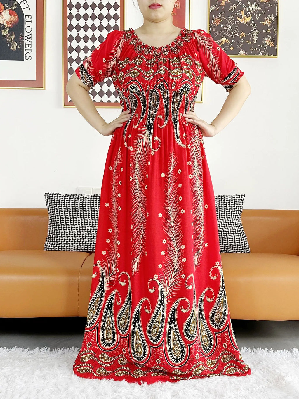 Women Party Dress Muslim Summer Short Sleeve Long Dress Collect Waist Floral Boubou Maxi Islam Women Dress African Abaya Clothes
