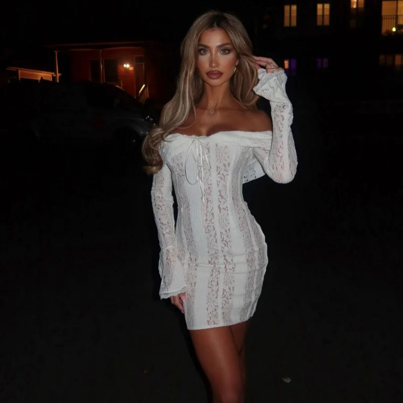 Sexy Women Hollow Out Slash Neck Lace Flared Sleeve Long Dress Elegant Laced Up Slim Fit Robes New Lady Evening Party Vestidos