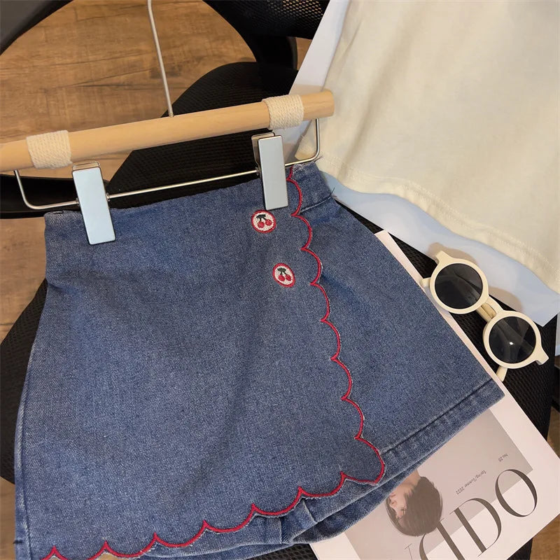 Children's Clothing Sets Lapel Sleeveless Top + Flip Cherry Embroidered Denim Shorts 2pcs Girls Clothes Set 2 To 7 Years