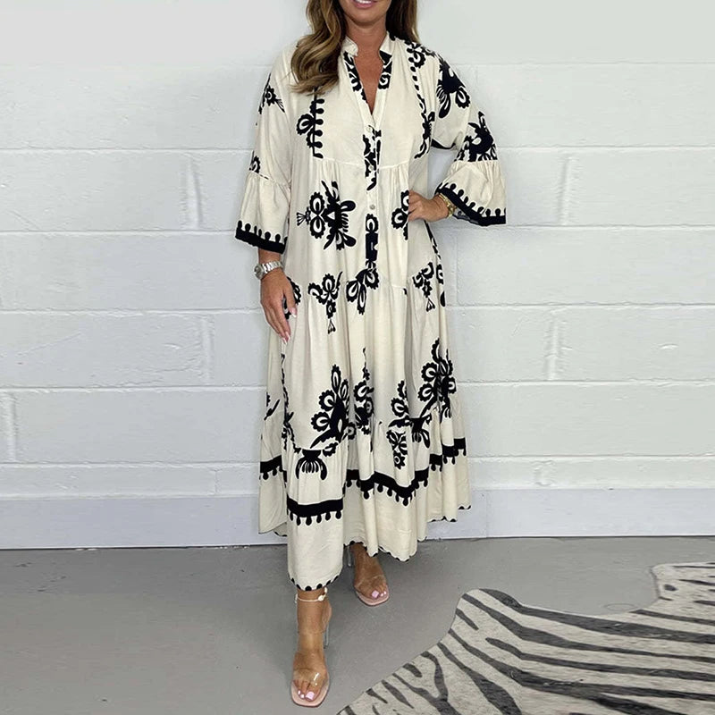 Vestidos Women's Printed Loose Ethnic Retro Dress Spring V Neck Button A-Line Long Dress Summer 3/4 Sleeve Bohemian Maxi Dresses