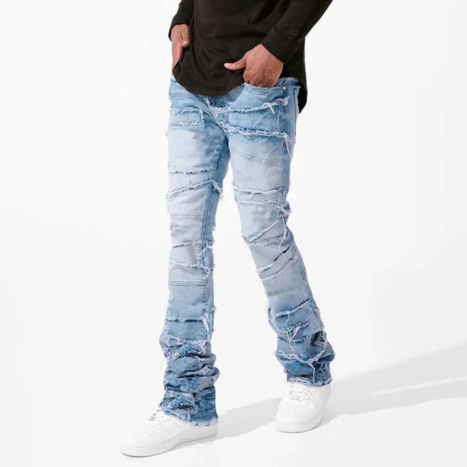 Jeans For Men Stretch Fit Skinny Stacked Ripped Jeans Slim Fit Patch Denim Pants Slim Fit Trousers Streetwear