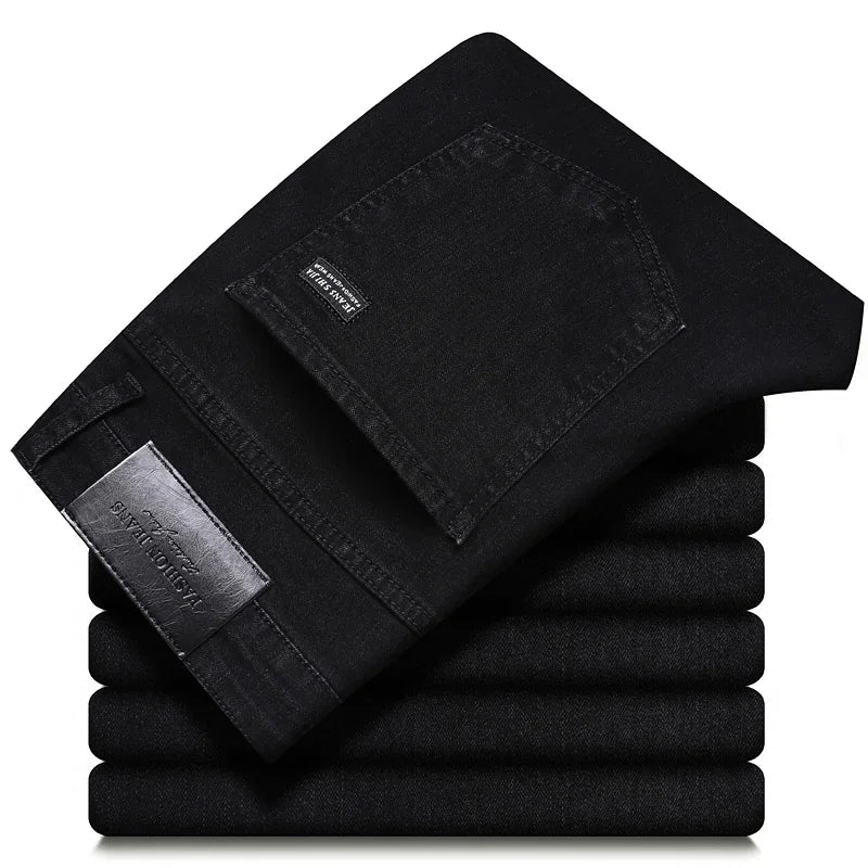 2025 Spring New Men's Straight Jeans Elastic Pant Classic Smoke Gray Casual Wear Mid Waist Casual Trousers Black Male Brand