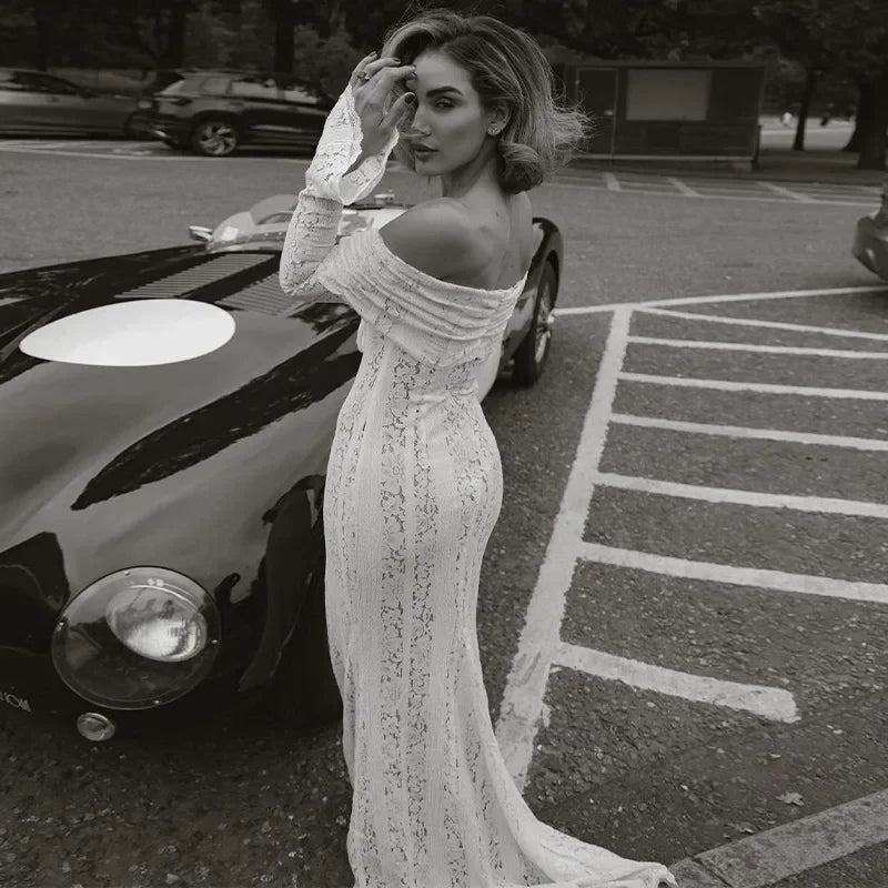 Sexy Women Hollow Out Slash Neck Lace Flared Sleeve Long Dress Elegant Laced Up Slim Fit Robes New Lady Evening Party Vestidos