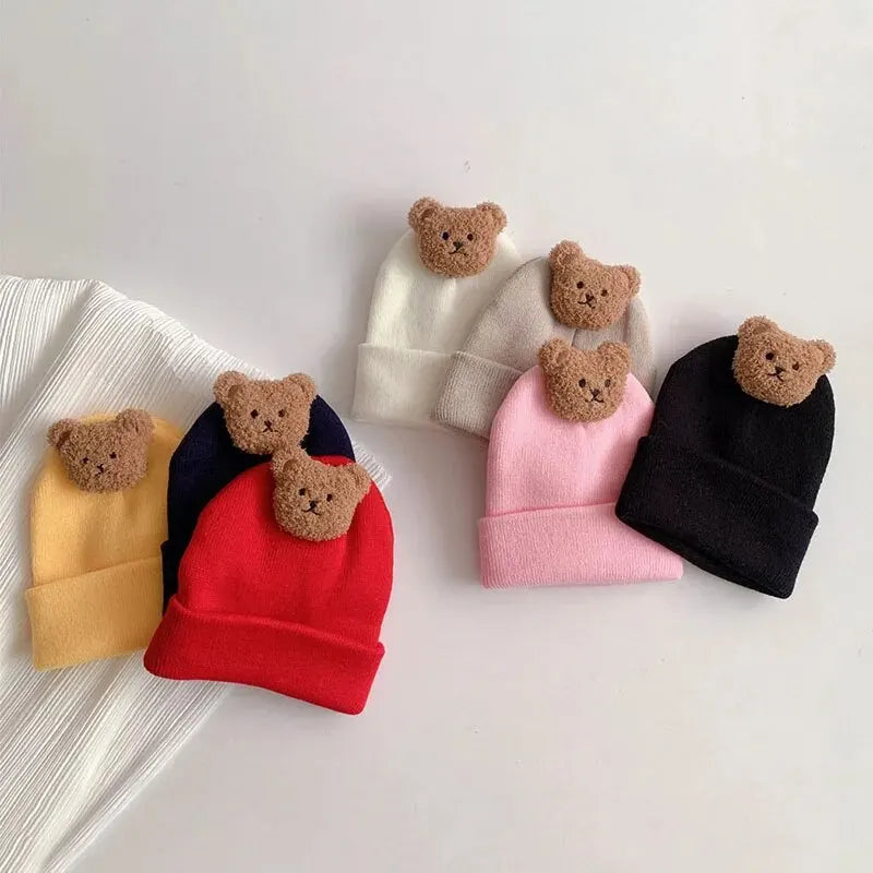 Cartoon Bear Baby Knitted Hat Autumn Winter Warm Newborn Infant Beanies for Boys Girls Soft Comfortable Toddler Kids Bonnet