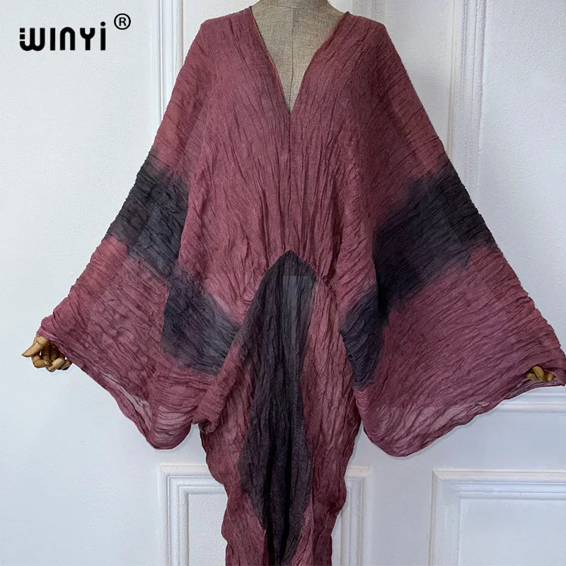 WINYI Summer Tie-dyed retro wrinkled long dress Loose robe Femme Vestidos holiday beach cover up maxi kaftan abaya dubai luxury