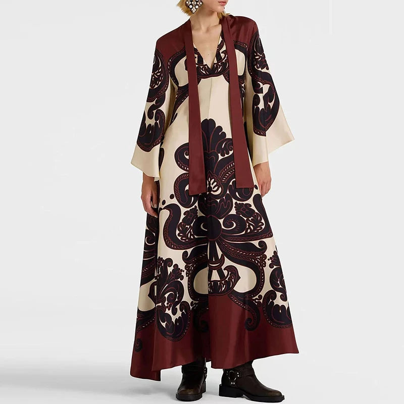 Muslim Ethnic Pattern Print Vintage Dress for Women Sexy V Neck Lace-up Long Dress Spring Fall 3/4 Sleeve Loose Party Maxi Dress