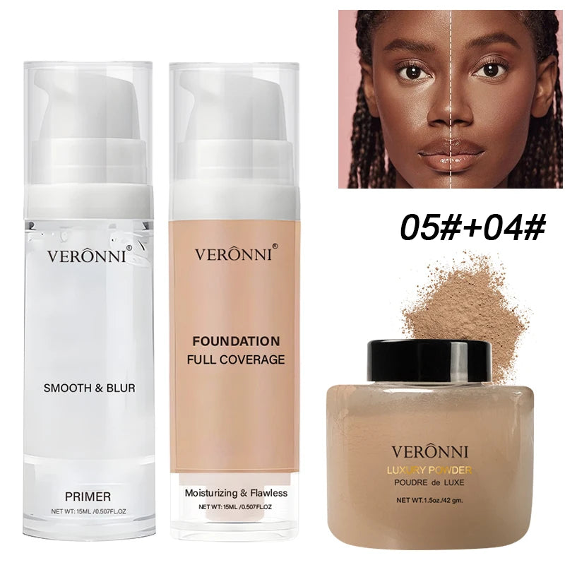 3pcs Face Makeup Kit Include 15ml Full Coverage Liquid Foundation Hydrating Makeup Primer and Loose Powder,Sweat-resistant