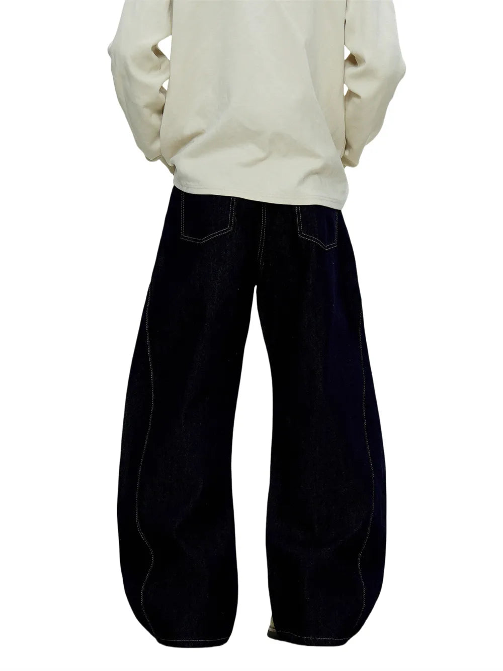 Washed Dark Jeans Men Top Stitch Retro High Street Loose Wide leg Scimitar Denim Pants Men Trousers