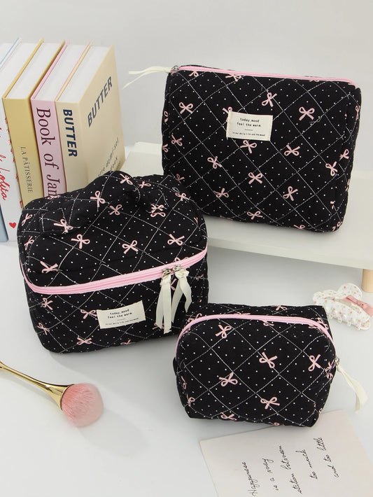 1pc/set Bow Quilted Makeup Bag, Multifunctional Portable Makeup Bag, Holiday Gift Makeup Bag, Travel Essential Makeup Bag
