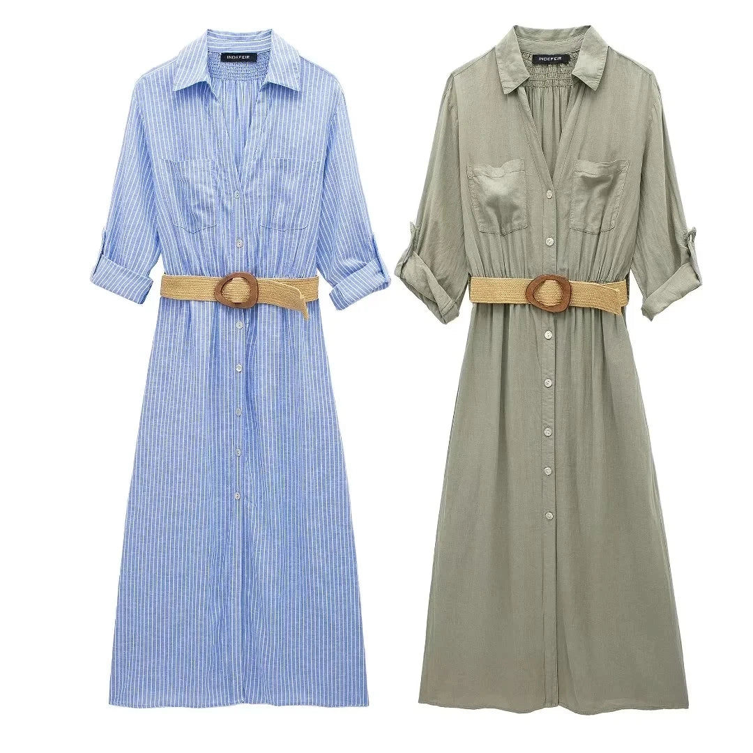 TRAFZA 2024 Striped Shirt Dress Women Belt Pleated Midi Dresses for Women Turn Up Sleeve Beach Women Summer Long Dress Vestidos