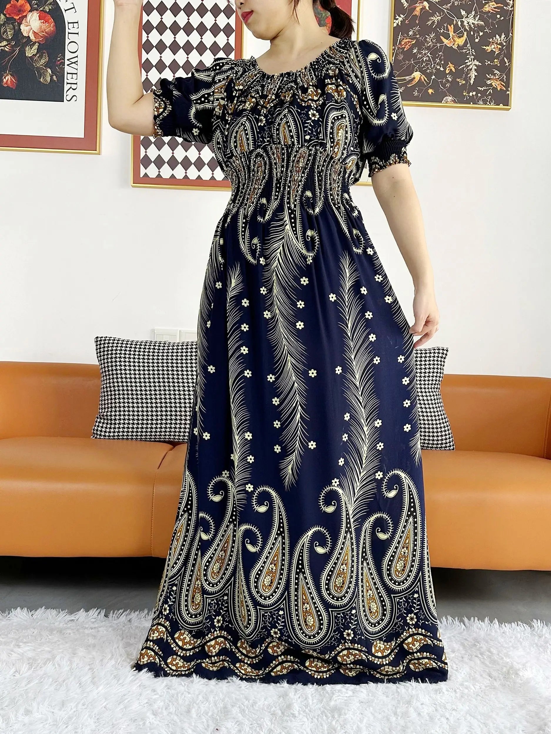 Women Party Dress Muslim Summer Short Sleeve Long Dress Collect Waist Floral Boubou Maxi Islam Women Dress African Abaya Clothes