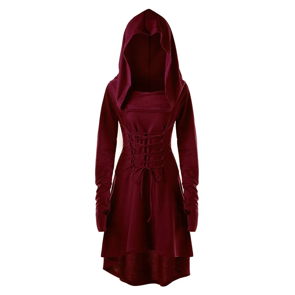 Vintage Women Cosplay Costume Medieval Lace Up Hooded Pullover For Women Victorian Casual High Low Bandage Long Dress Cloak