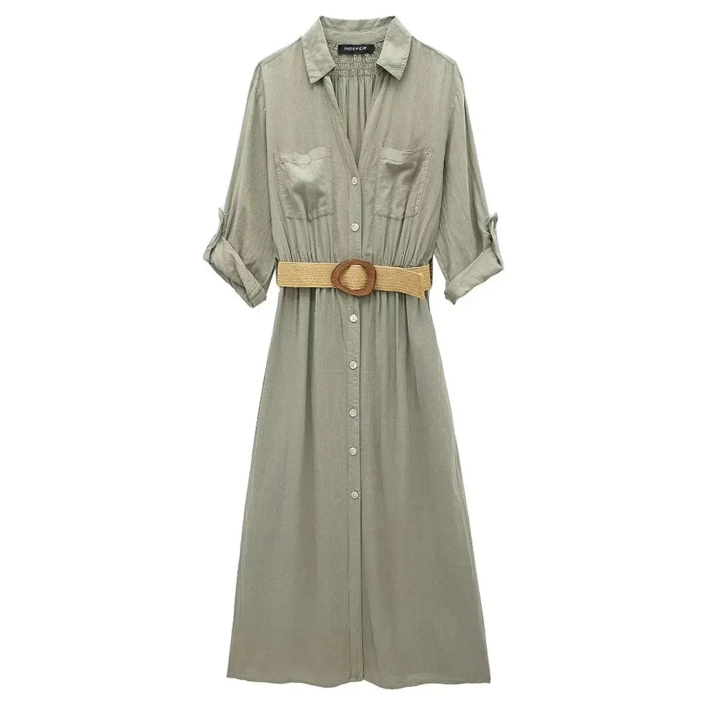TRAFZA 2024 Striped Shirt Dress Women Belt Pleated Midi Dresses for Women Turn Up Sleeve Beach Women Summer Long Dress Vestidos