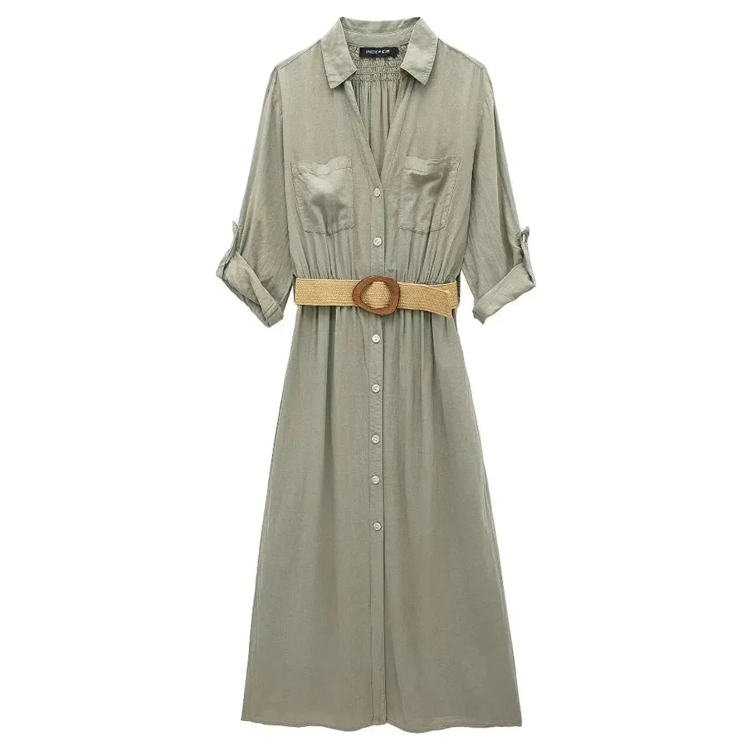 TRAFZA 2024 Striped Shirt Dress Women Belt Pleated Midi Dresses for Women Turn Up Sleeve Beach Women Summer Long Dress Vestidos