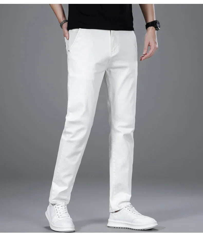 New Men's Fashion Classic Style Versatile Slim Jeans White Stretch Straight Soft Casual Denim Trousers Brand Clothing Male