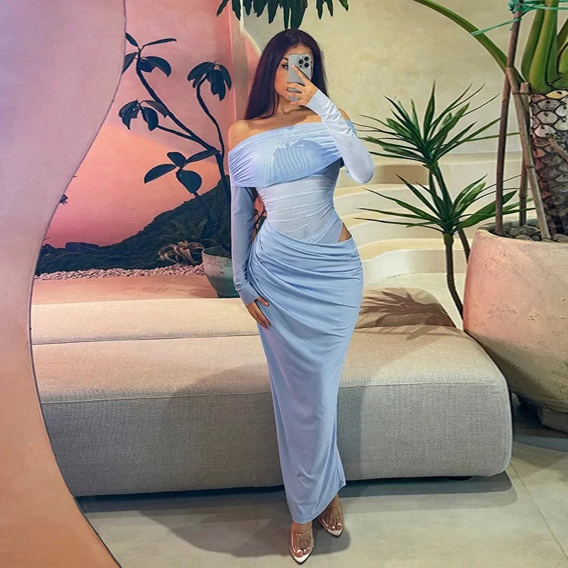 Tuularose Sexy Mesh Hollow Long Dress Women's Sexy One Shoulder Long Sleeve Patchwork Resort Dress Summer Party Evening Dress