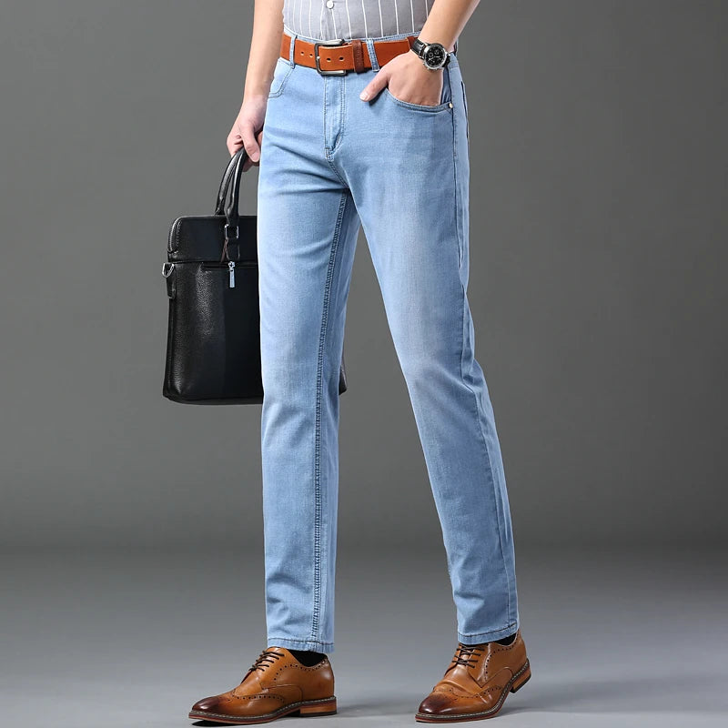 Men's Thin Jeans 2025 Summer New Style Business Casual Slim Fit Elastic Classic Style Trousers Sky Blue Pants Male size 28-40