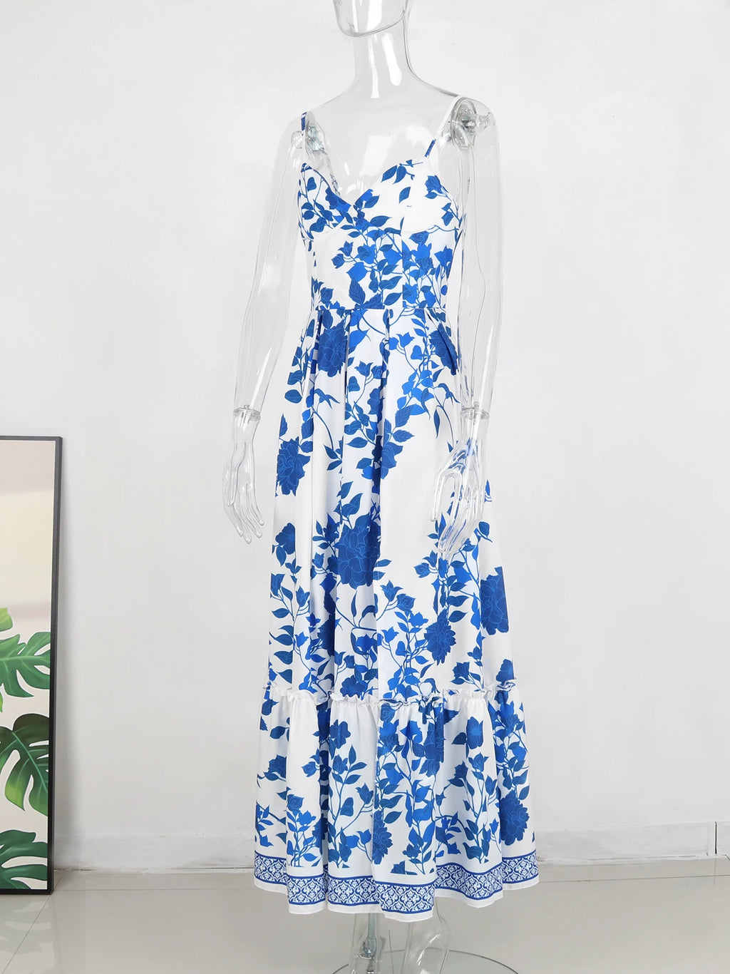 2024 Summer Print Long Dress Women Clothing Lace Up Sling Party Dresses Pattern Strappy Ladies Hollow Out V-Neck Beach Vestidos