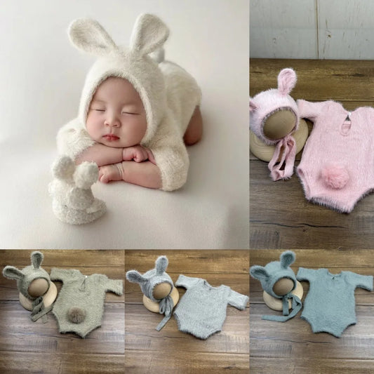 Newborn Day Photography Clothing Baby Cute Bunny Photography Clothing Set Baby Handmade Knitwear Growth Souvenir