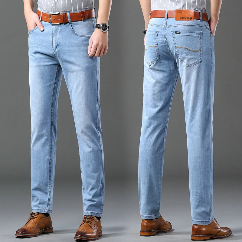 Men's Thin Jeans 2025 Summer New Style Business Casual Slim Fit Elastic Classic Style Trousers Sky Blue Pants Male size 28-40
