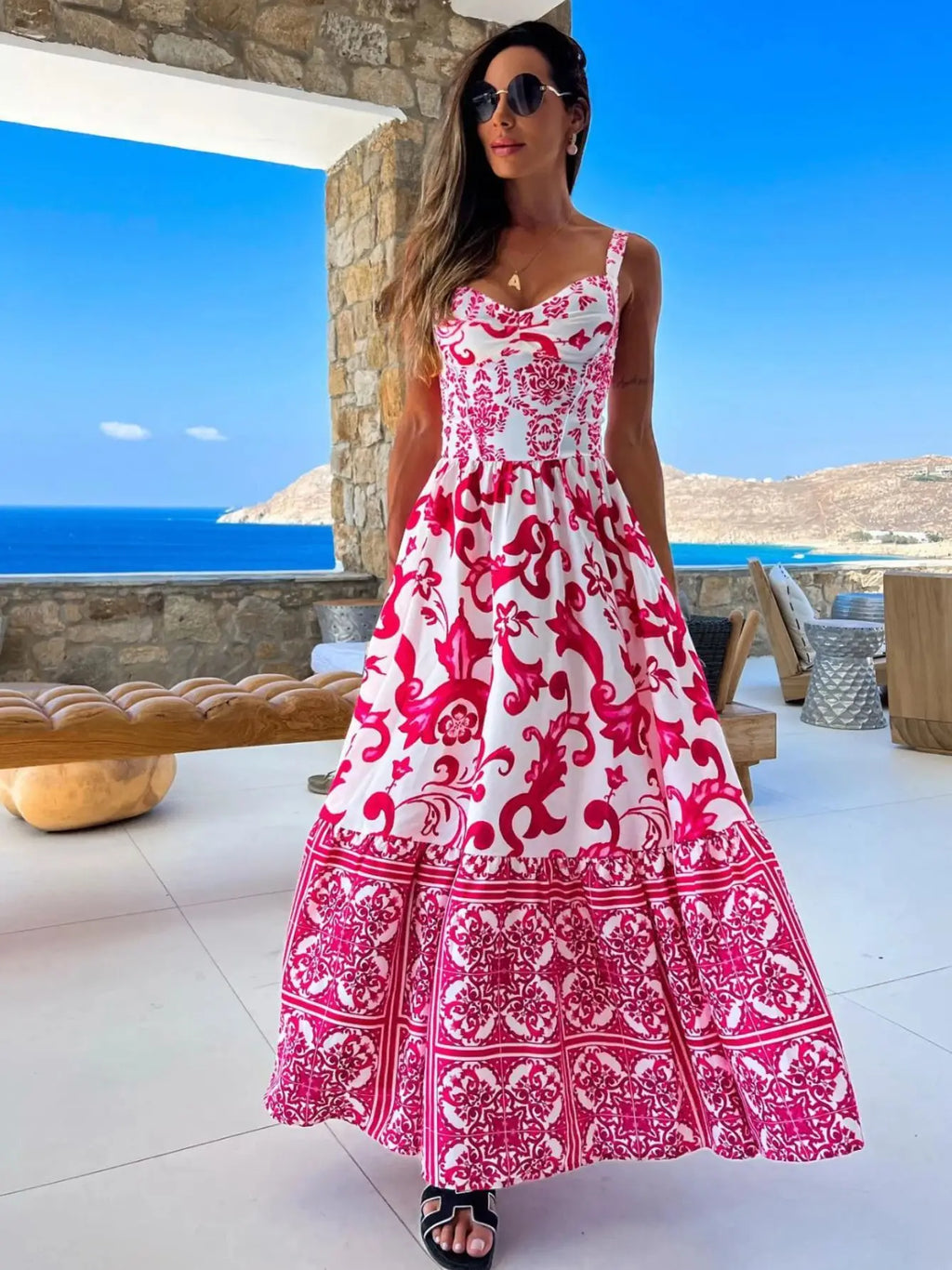 2024 Summer Print Long Dress Women Clothing Lace Up Sling Party Dresses Pattern Strappy Ladies Hollow Out V-Neck Beach Vestidos