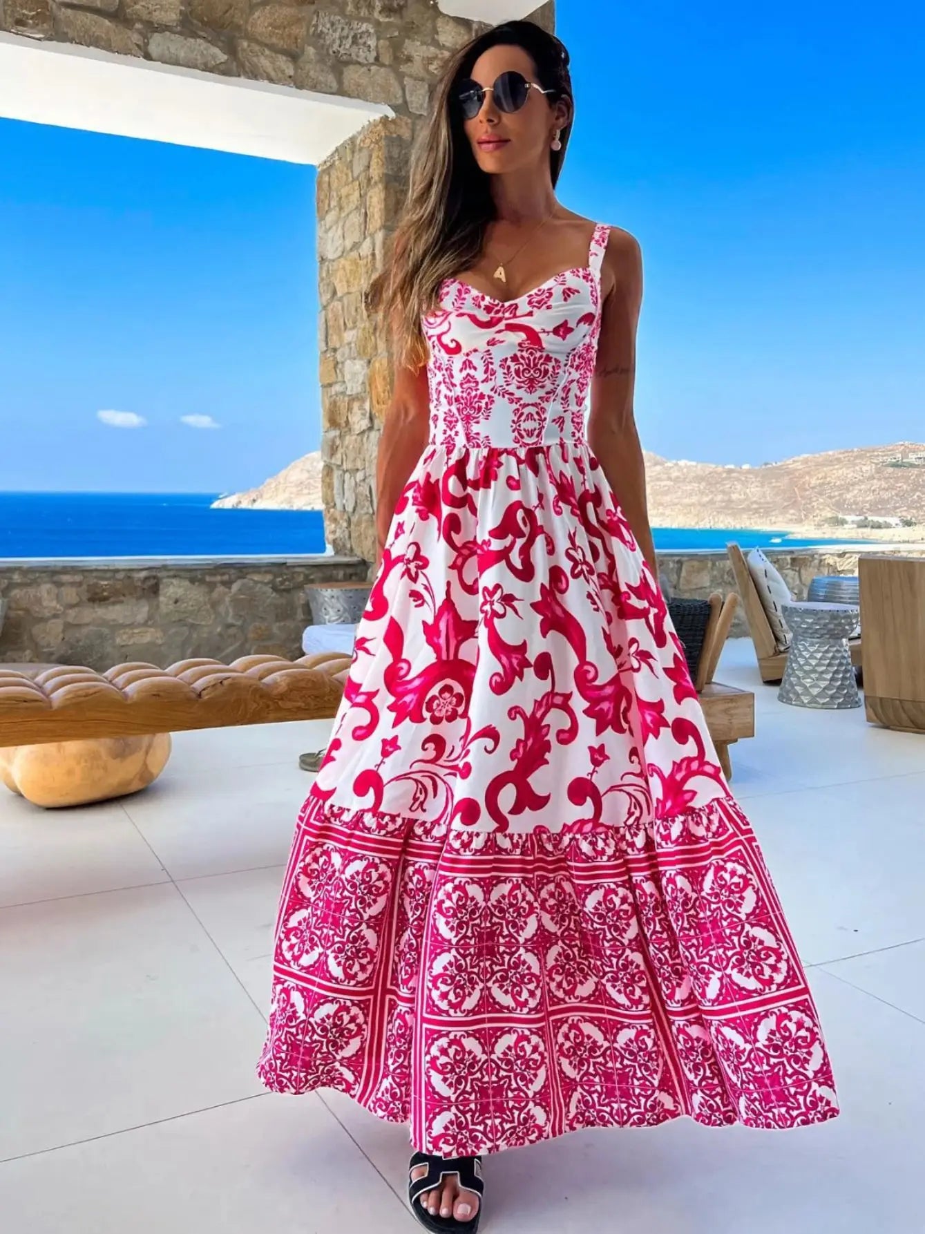 2024 Summer Print Long Dress Women Clothing Lace Up Sling Party Dresses Pattern Strappy Ladies Hollow Out V-Neck Beach Vestidos