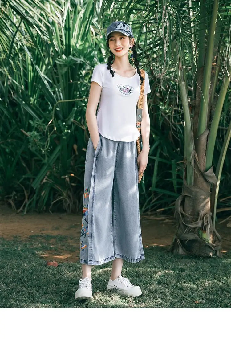 Jeans for Women Capris Embroidered Summer Elastic Waist Wide Leg Pants High Korean Women's Vintage Baggy Denim Popular Clothes