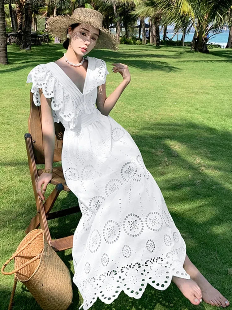 SMTHMA High Quality Hollow Out Embroidery Long Dress Women Sexy Deep V-Neck Ruffle Elegant Summer Dresses Female Clothing