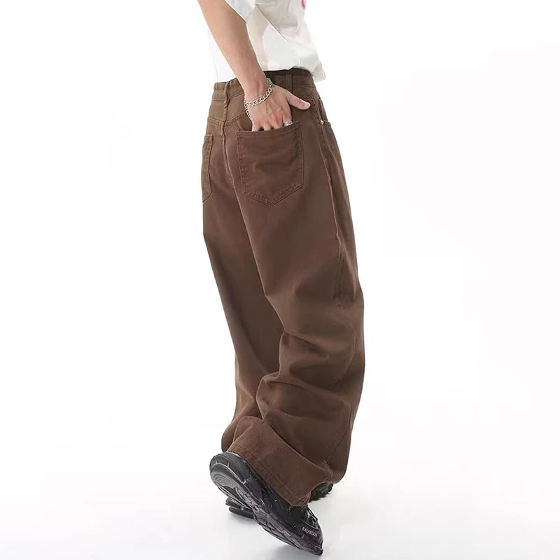 2024 Men Popular High Waist Straight Leg Jeans Male Simple Draping Wide Leg Denim Pants Brand Green Coffee Street Denim Trousers