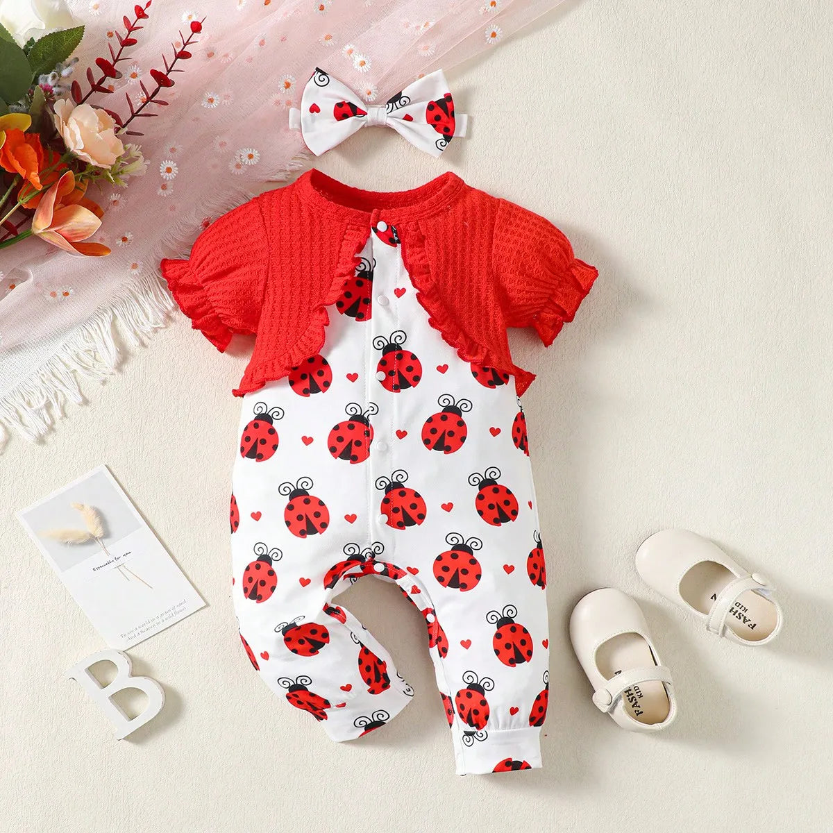 0-2 Year newborn  baby Girl Summer round neck short sleeved Beetle peach heart printed jumpsuit