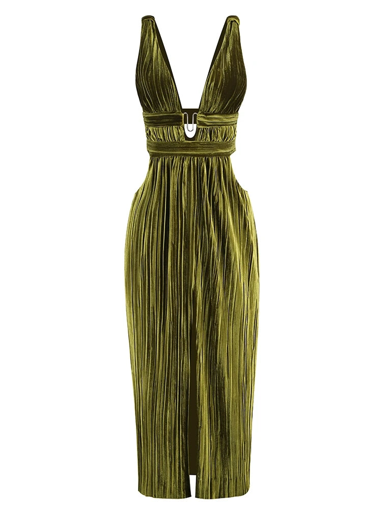 Sexy Sleeveless V Neck Hollow Out Long Dress Women Green Straps Backless High Waist Pleated Split Maxi Dress Party Evening Dres