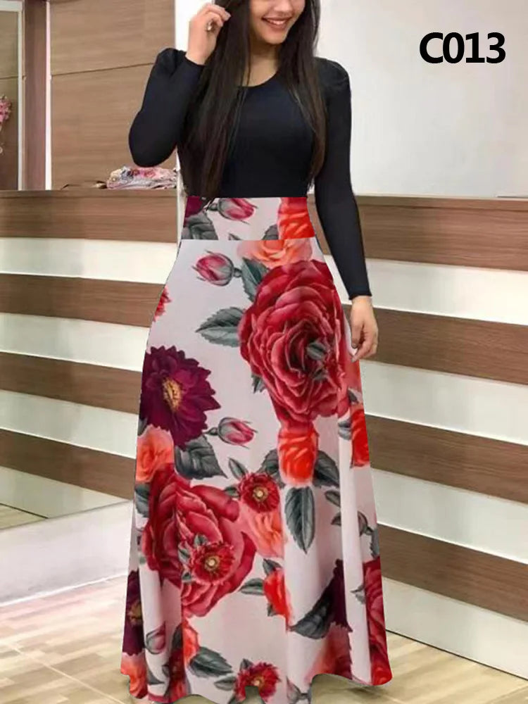 Elegant Women's Long Dress Flower Retro Printed Patchwork Long Sleeve Banquet Maxi Robe S-5XL