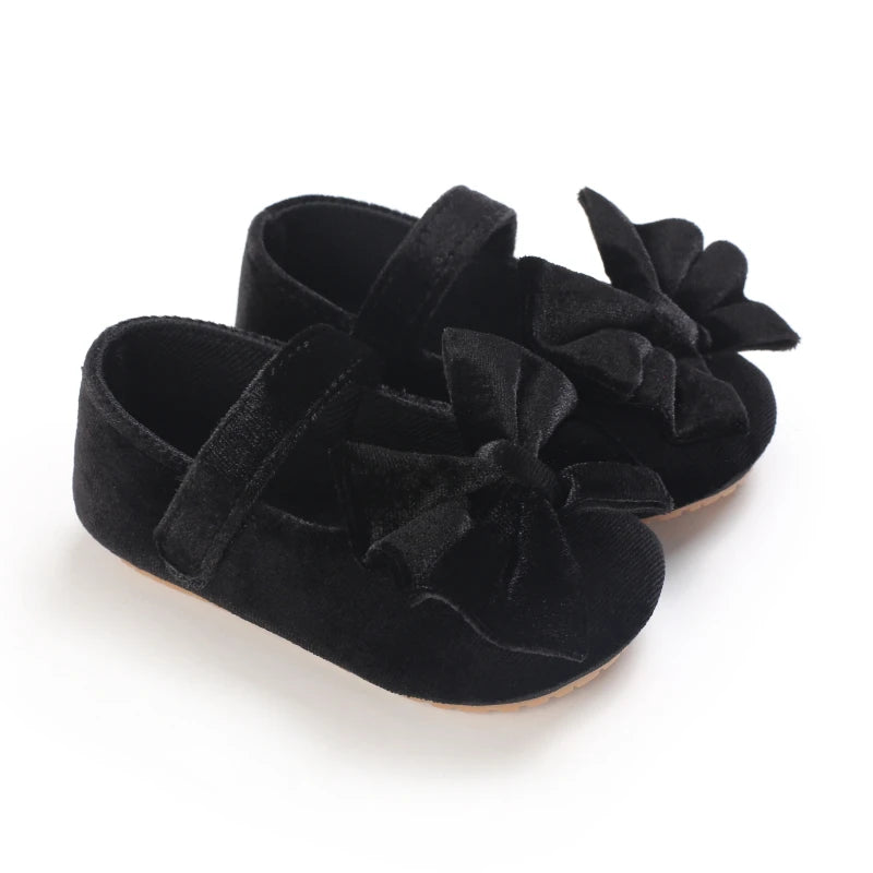 Spring and Autumn Newborn Flannelette Princess Shoes Baby Girls Bow Flat Shoes Toddler Baby Soft Rubber Sole First Walking Shoes