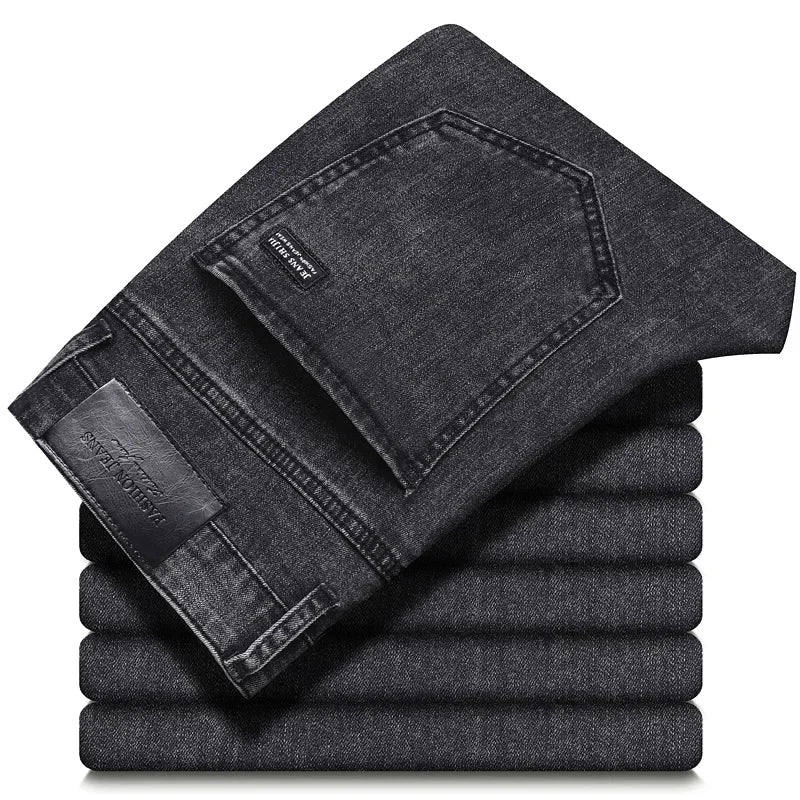 2025 Spring New Men's Straight Jeans Elastic Pant Classic Smoke Gray Casual Wear Mid Waist Casual Trousers Black Male Brand