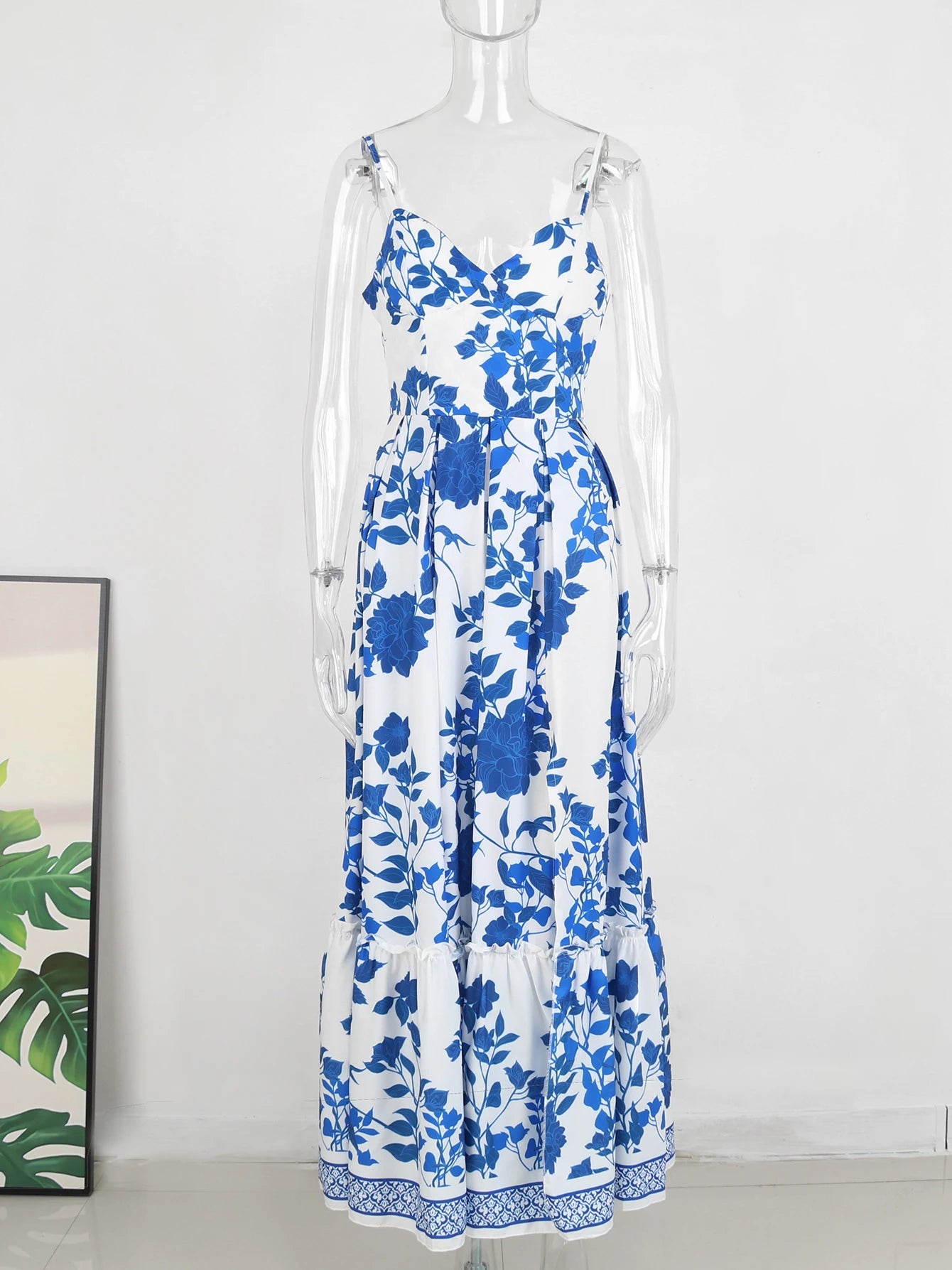 2024 Summer Print Long Dress Women Clothing Lace Up Sling Party Dresses Pattern Strappy Ladies Hollow Out V-Neck Beach Vestidos