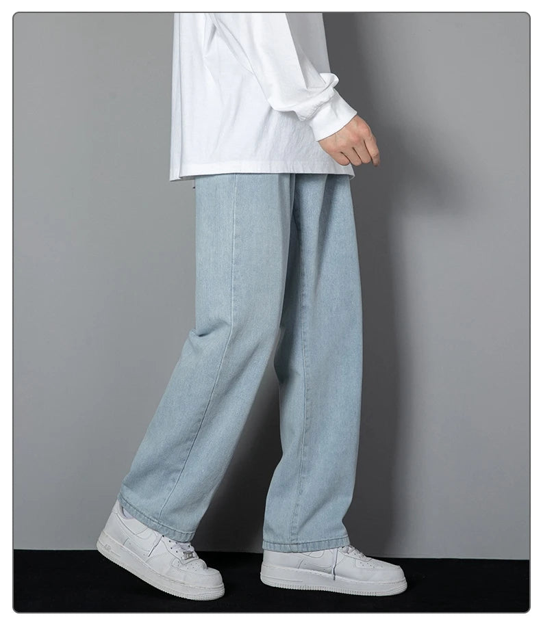 Jean long décontracté pour homme, style coréen, classique, droit, jambes larges, couleur unie, bleu clair, gris, noir, 2025