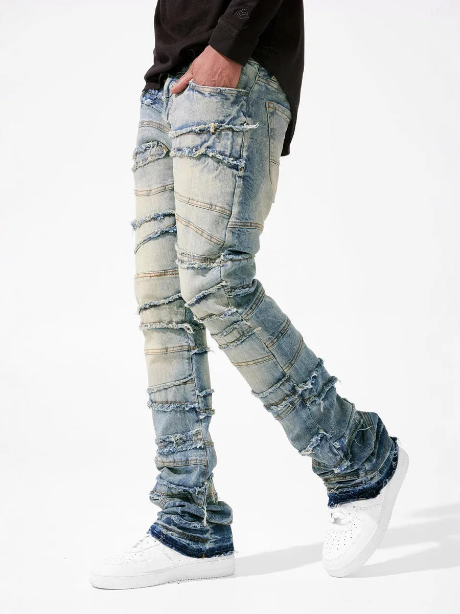 New Men's Patchwork Denim Pants Stacked Jeans Ripped Washed Frayed Pants Vintage Street Style Slim Fit Straight Trousers for Men