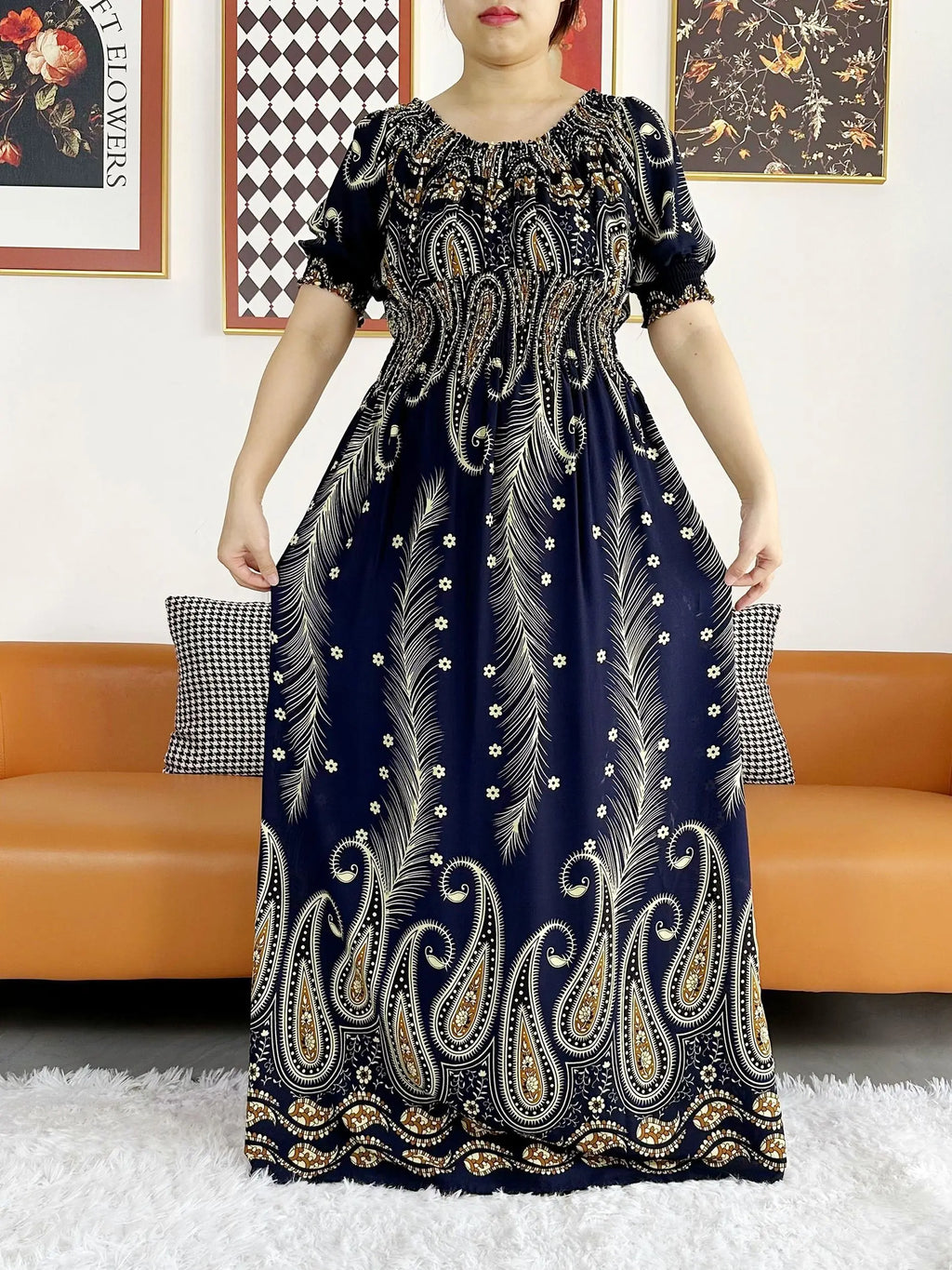 Women Party Dress Muslim Summer Short Sleeve Long Dress Collect Waist Floral Boubou Maxi Islam Women Dress African Abaya Clothes