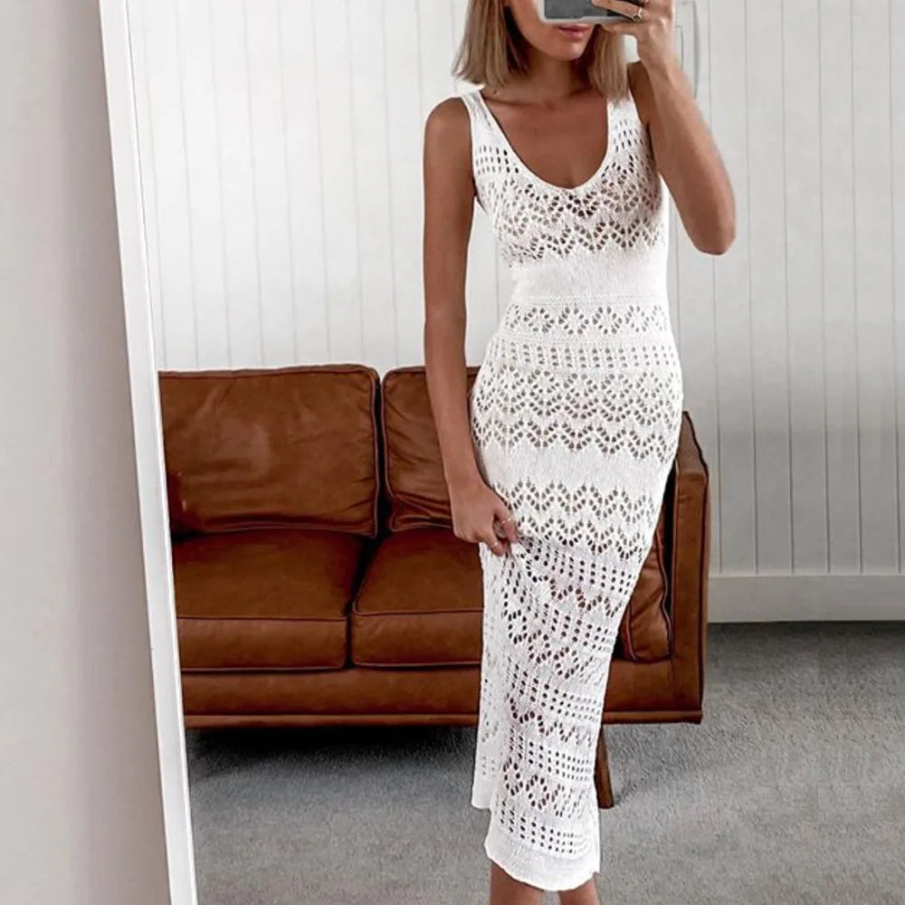 Semi Sheer Crochet Knit Maxi Dress Women Sleeveless Open-knit Bodycon Long Dress Summer Vacation Beach Wear