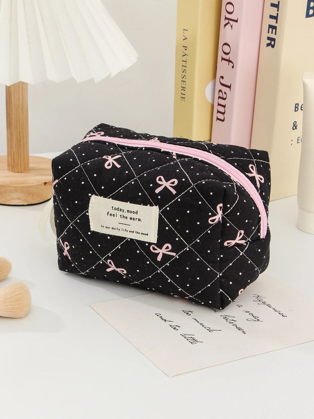 1pc/set Bow Quilted Makeup Bag, Multifunctional Portable Makeup Bag, Holiday Gift Makeup Bag, Travel Essential Makeup Bag