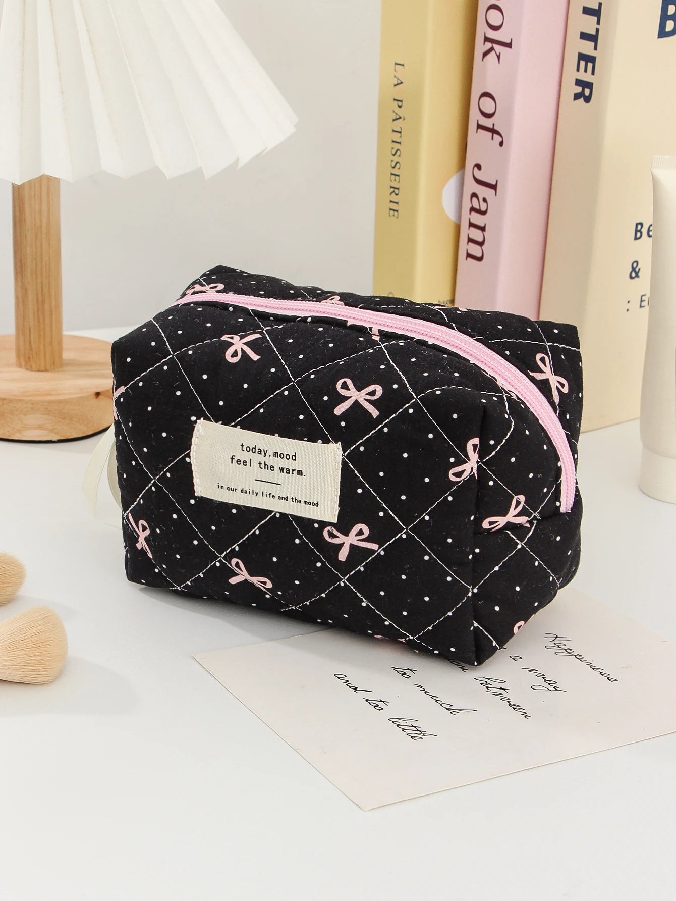 1pc/set Bow Quilted Makeup Bag, Multifunctional Portable Makeup Bag, Holiday Gift Makeup Bag, Travel Essential Makeup Bag