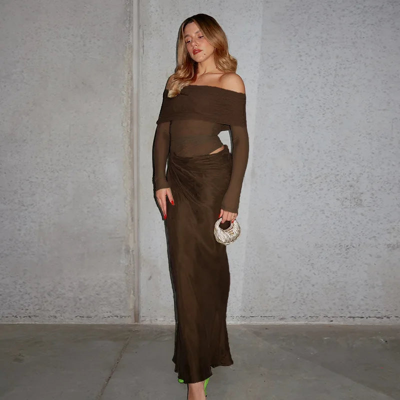 Tuularose Sexy Mesh Hollow Long Dress Women's Sexy One Shoulder Long Sleeve Patchwork Resort Dress Summer Party Evening Dress