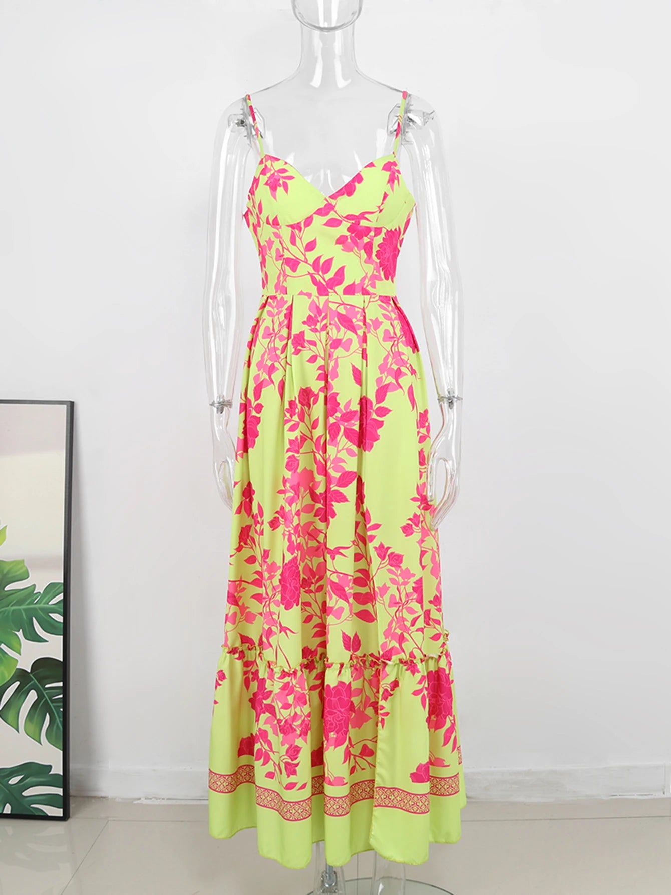 2024 Summer Print Long Dress Women Clothing Lace Up Sling Party Dresses Pattern Strappy Ladies Hollow Out V-Neck Beach Vestidos
