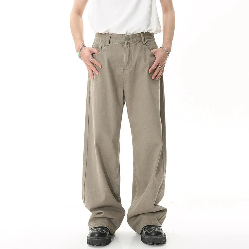 2024 Men Popular High Waist Straight Leg Jeans Male Simple Draping Wide Leg Denim Pants Brand Green Coffee Street Denim Trousers